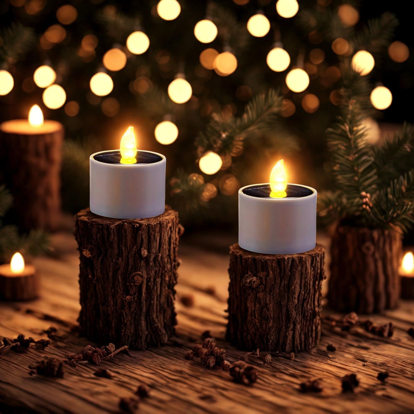 XYRIS Solar Powered LED Tea Lights, White Cylindrical Candles with Yellow Flickering Flame, Indoor Outdoor Decorative Lighting, 6 Pack