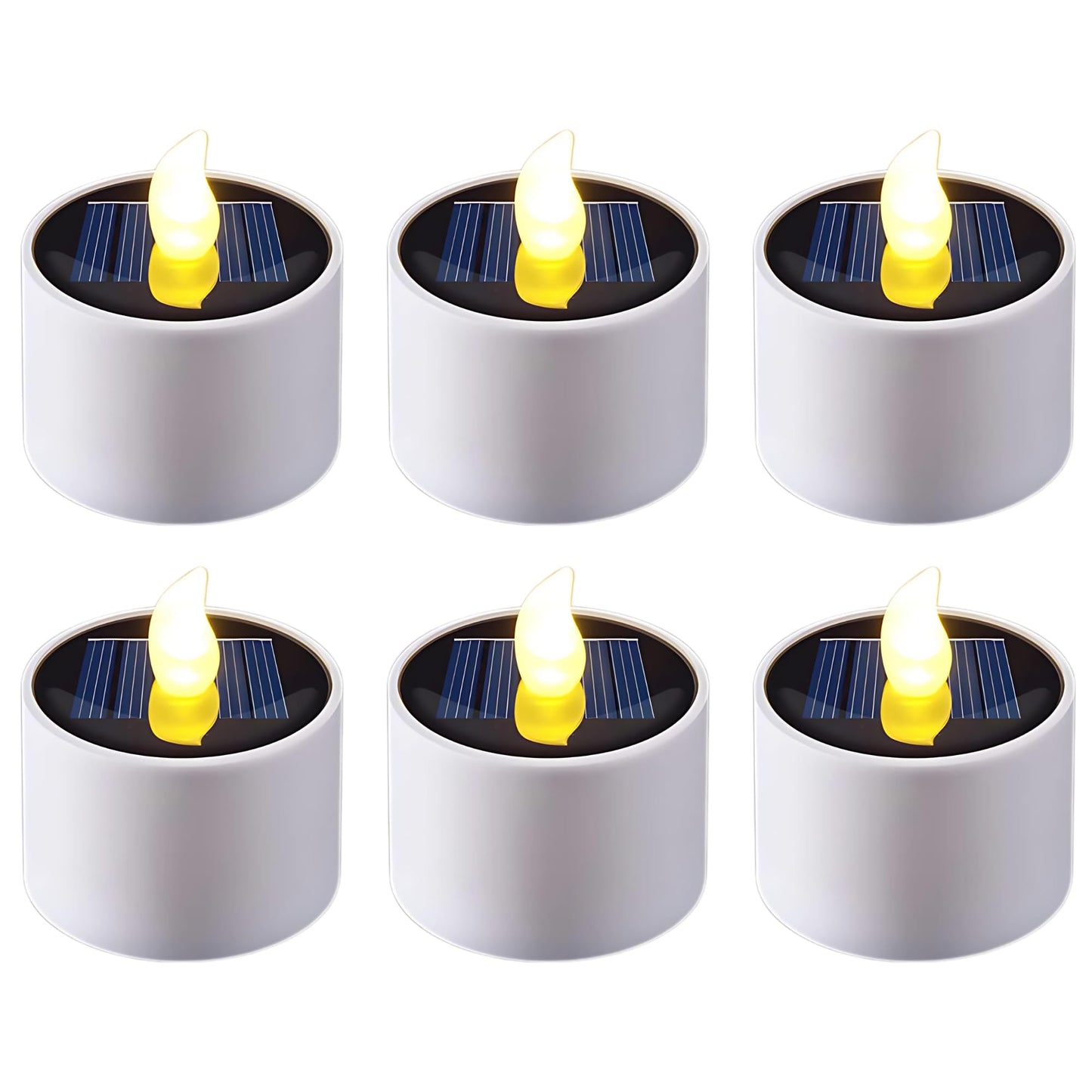 XYRIS Solar Powered LED Tea Lights, White Cylindrical Candles with Yellow Flickering Flame, Indoor Outdoor Decorative Lighting, 6 Pack