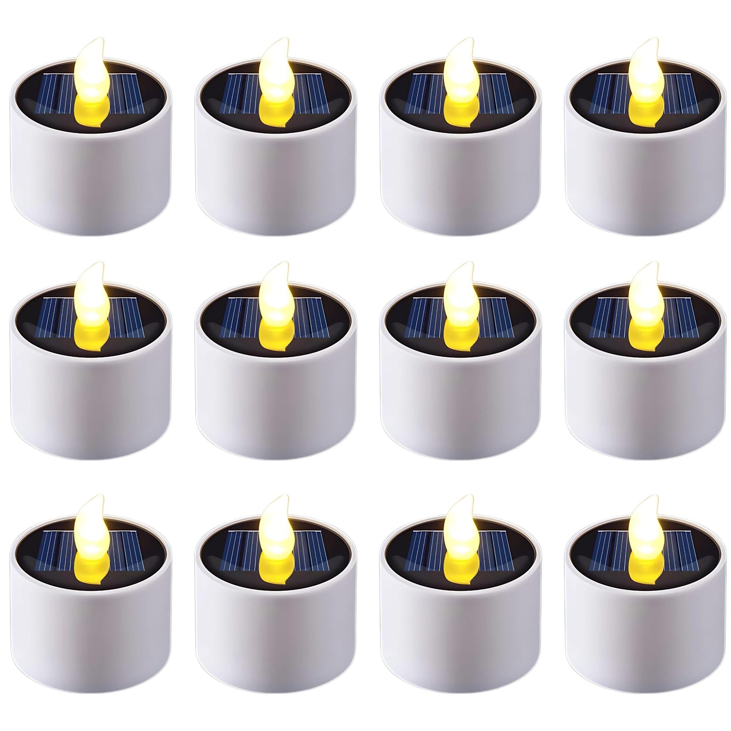 XYRIS Solar Powered LED Tea Lights, White Cylindrical Candles with Yellow Flickering Flame, Indoor Outdoor Decorative Lighting, 6 Pack
