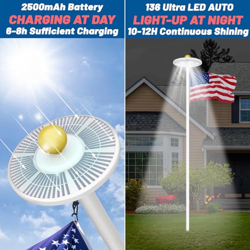 XYRIS Solar Powered Flag Pole Light, 136 LED Bulbs, Automatic On/Off