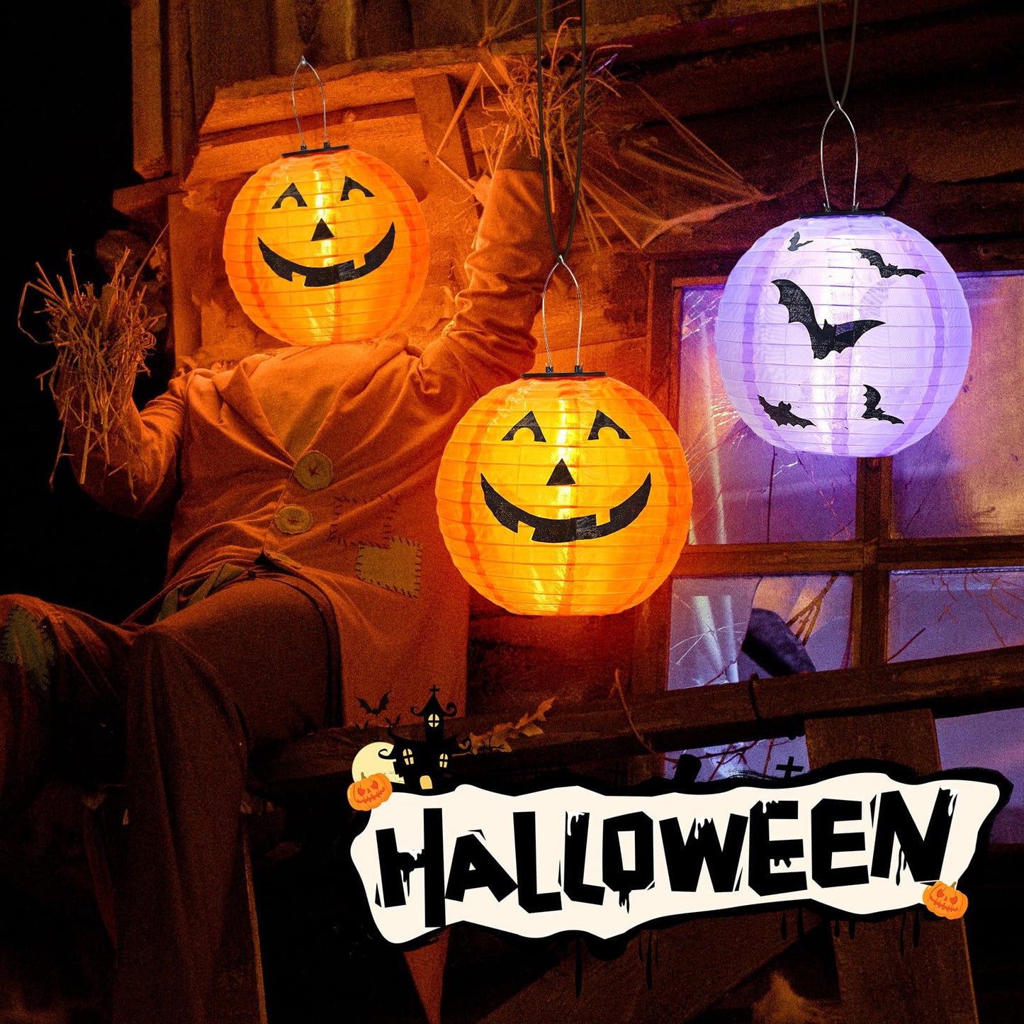 Halloween Decorations Outdoor Clearance Solar Jack O Lantern 2 Pack - Fabric Handmade Hanging Pumpkin Lights and Starry Night Pumpkins for Spooky Decor ( Not a Bucket for Trick or Treat )