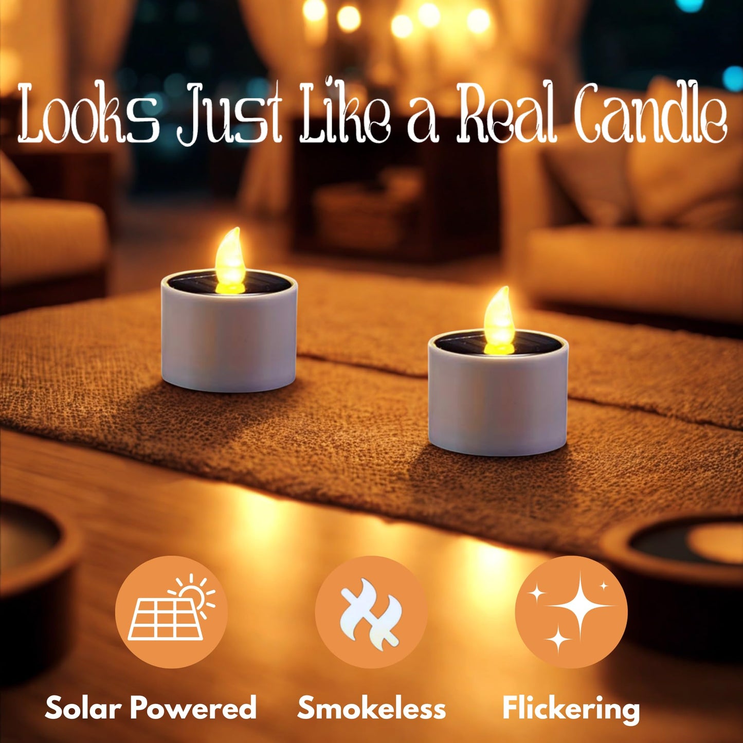 XYRIS Solar Powered LED Tea Lights, White Cylindrical Candles with Yellow Flickering Flame, Indoor Outdoor Decorative Lighting, 6 Pack