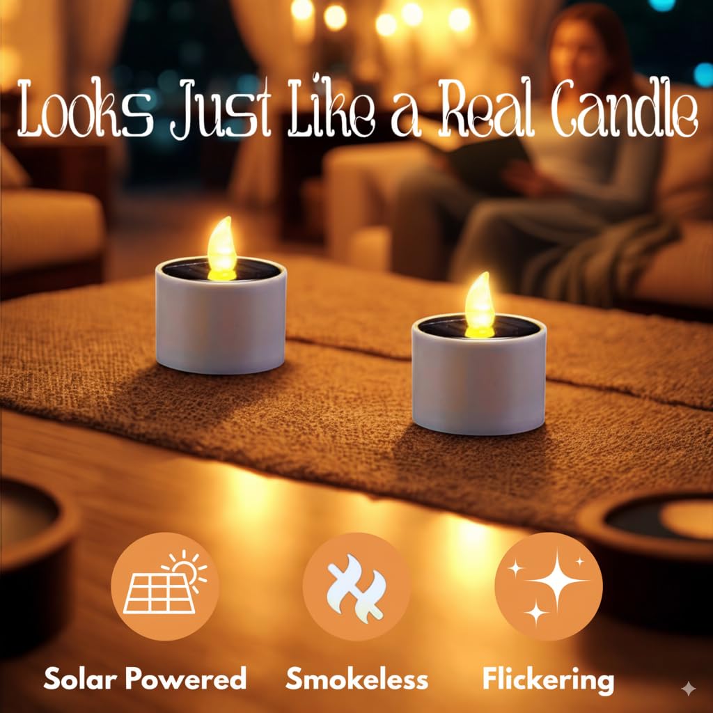 XYRIS Solar Powered LED Tea Lights, White Cylindrical Candles with Yellow Flickering Flame, Indoor Outdoor Decorative Lighting, 6 Pack