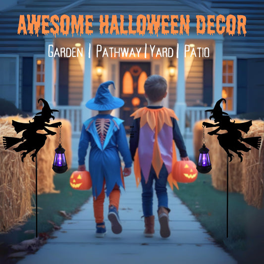 Witch Halloween Decorations Outdoor Solar Lanterns 2 Pack - Ghost Decorations Lawn Ornaments Statue Outdoor, Solar Garden Stakes, Metal Yard Decor, Whimsical Decor for Patio (Purple Light)