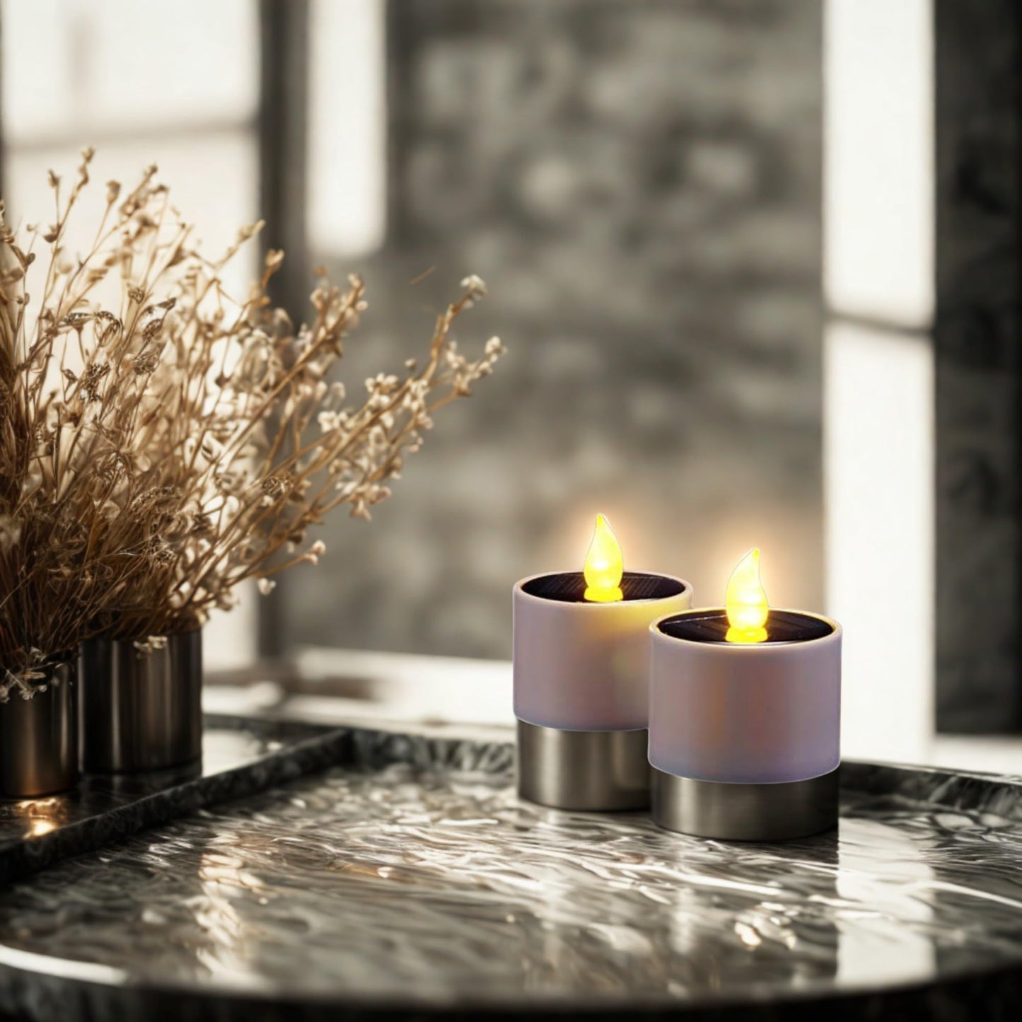 XYRIS Solar Powered LED Tea Lights, White Cylindrical Candles with Yellow Flickering Flame, Indoor Outdoor Decorative Lighting, 6 Pack
