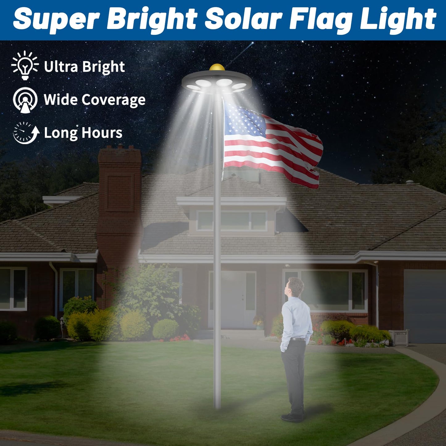 XYRIS Solar Powered Flag Pole Light, 136 LED Bulbs, Automatic On/Off