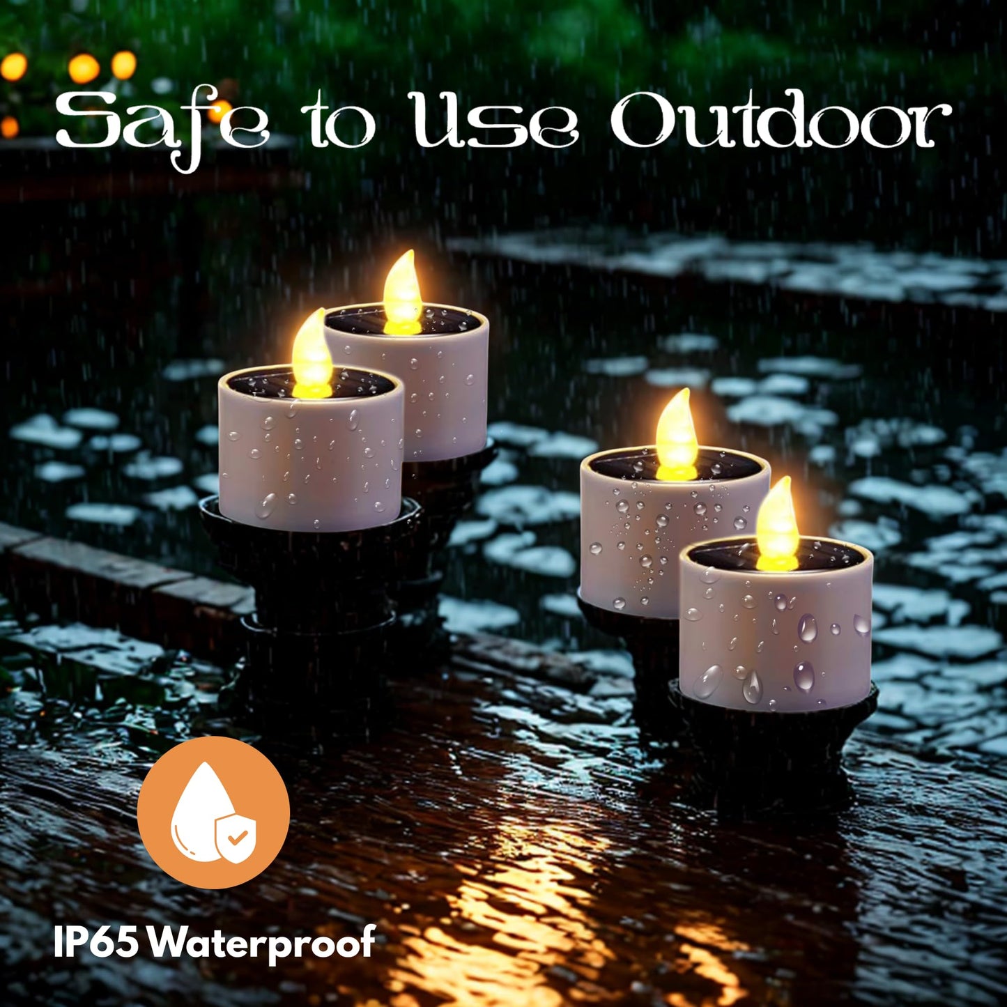 XYRIS Solar Powered LED Tea Lights, White Cylindrical Candles with Yellow Flickering Flame, Indoor Outdoor Decorative Lighting, 6 Pack