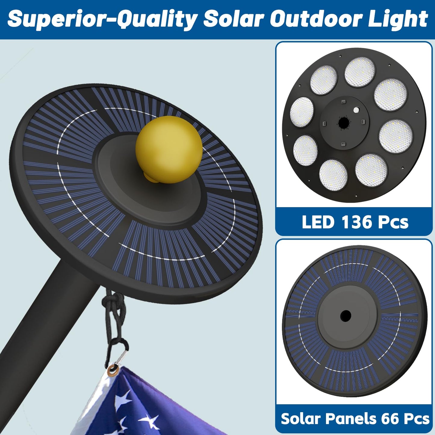 Flag Pole Light Solar Powered - Ultra Bright 136 LEDs for 15-25 Ft Flagpoles, Waterproof Dusk to Dawn Lighting, Wide Coverage Outdoor Flagpole Solar Light