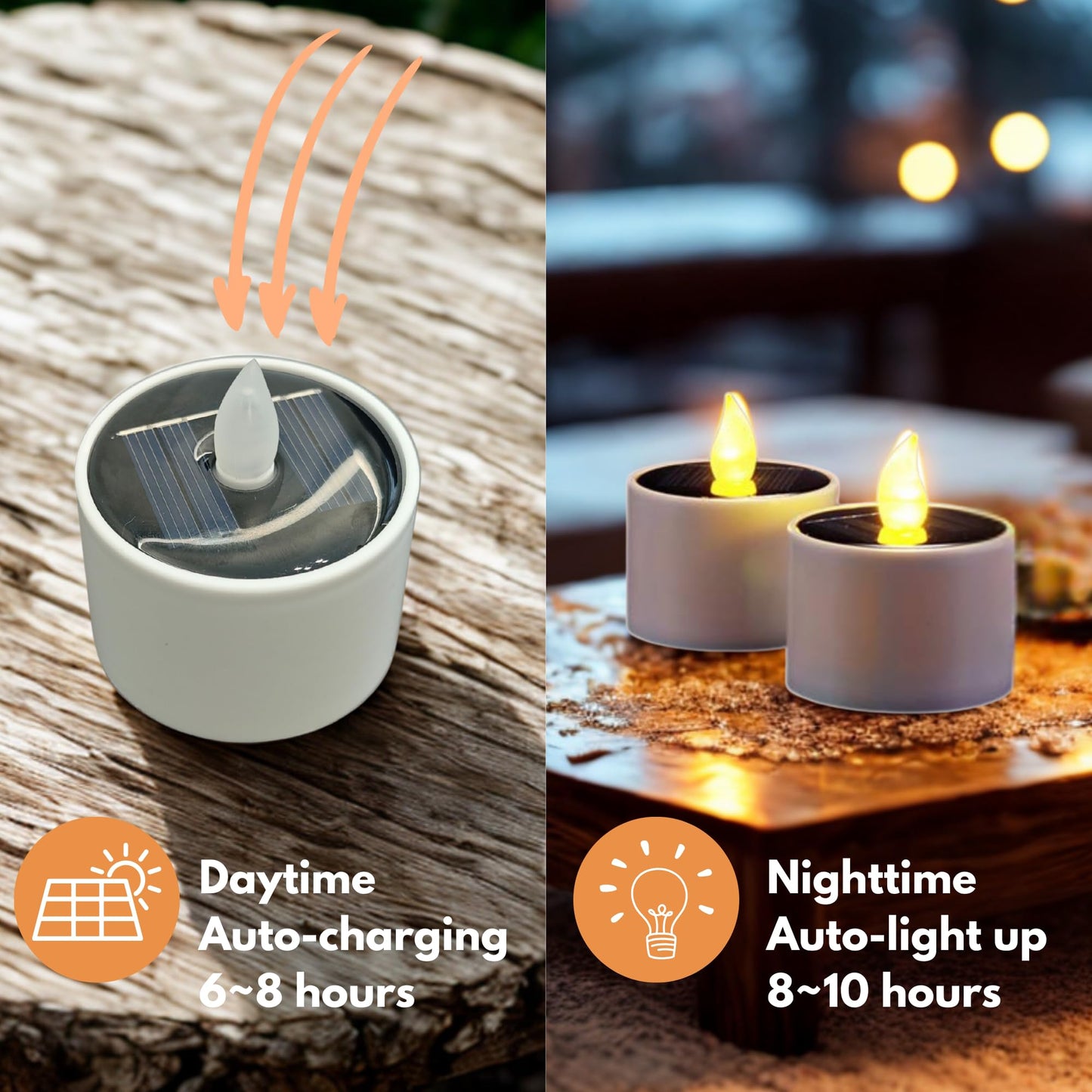 XYRIS Solar Powered LED Tea Lights, White Cylindrical Candles with Yellow Flickering Flame, Indoor Outdoor Decorative Lighting, 6 Pack