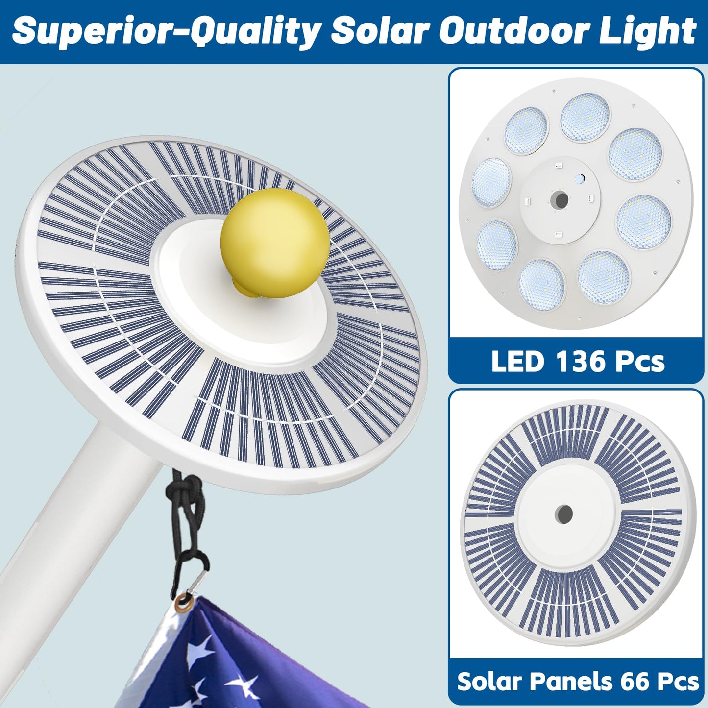 Flag Pole Light Solar Powered - Ultra Bright 136 LEDs for 15-25 Ft Flagpoles, Waterproof Dusk to Dawn Lighting, Wide Coverage Outdoor Flagpole Solar Light