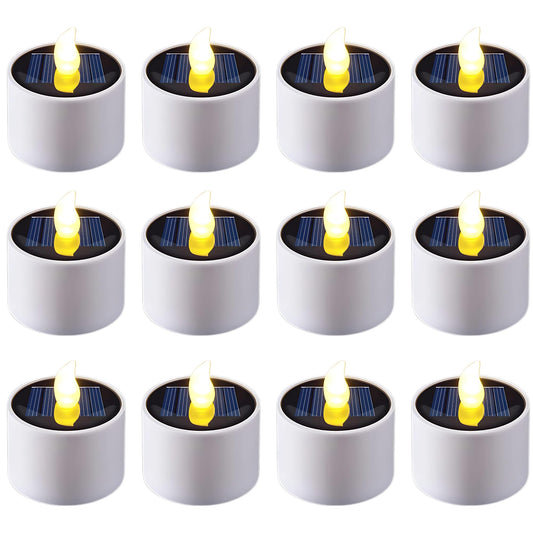 XYRIS Solar Powered LED Tea Lights, White Cylindrical Candles with Yellow Flickering Flame, Indoor Outdoor Decorative Lighting, 6 Pack