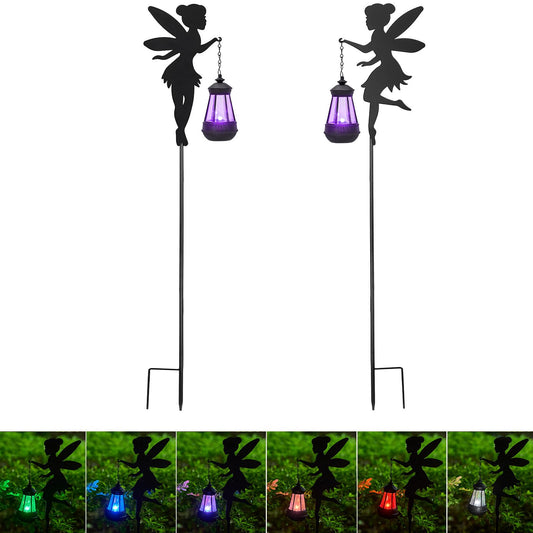 XYRIS Fairy Garden Decor 1 Pair - Solar Garden Decorations Lawn Ornaments Garden Statue Outdoor, Metal Yard Decor Lawn Decorations Outdoor, Whimsical Decor for Patio (Color-Shifting)