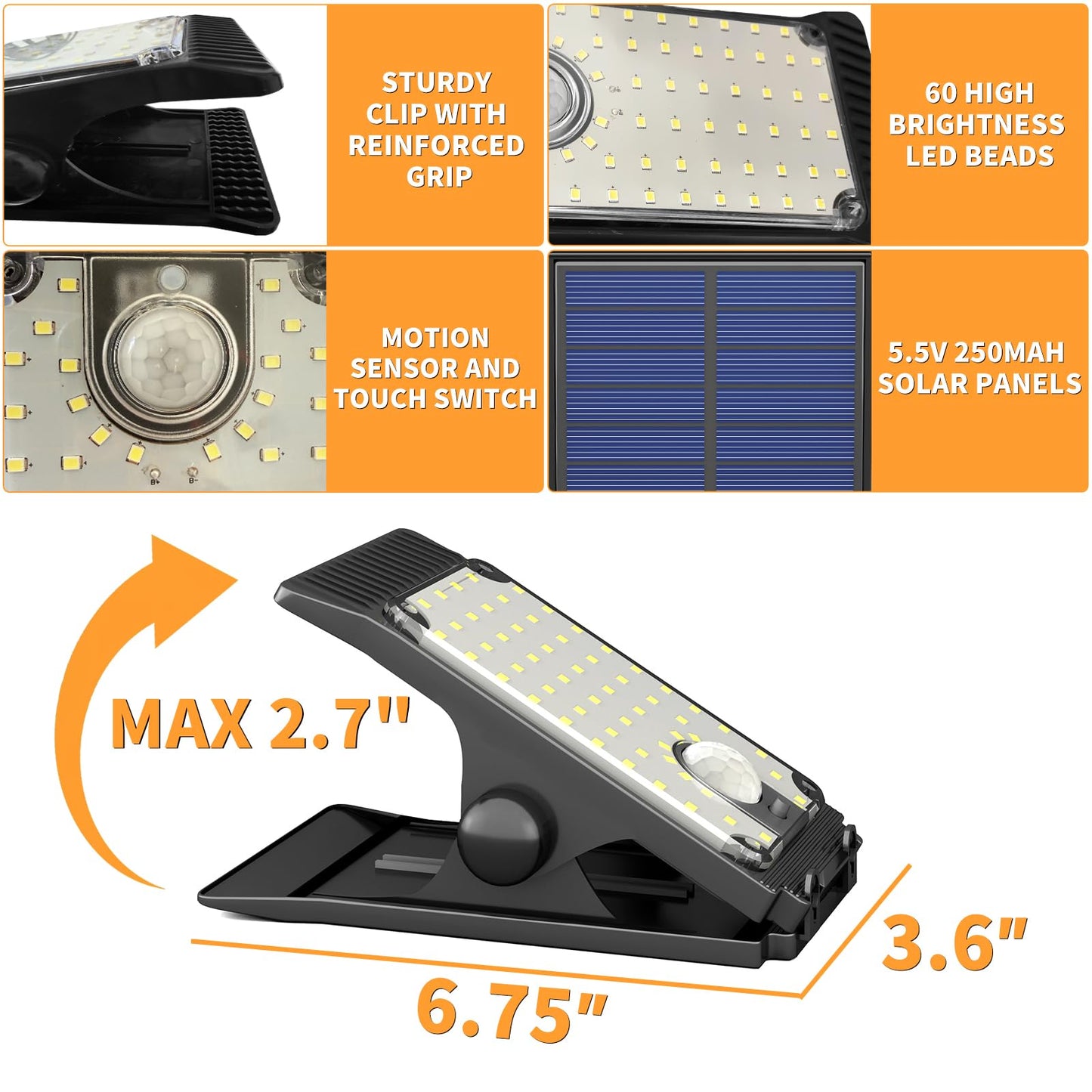 XYRIS Clip on Solar Motion Light, Grill Lighting, Outdoor Solar Camping Light