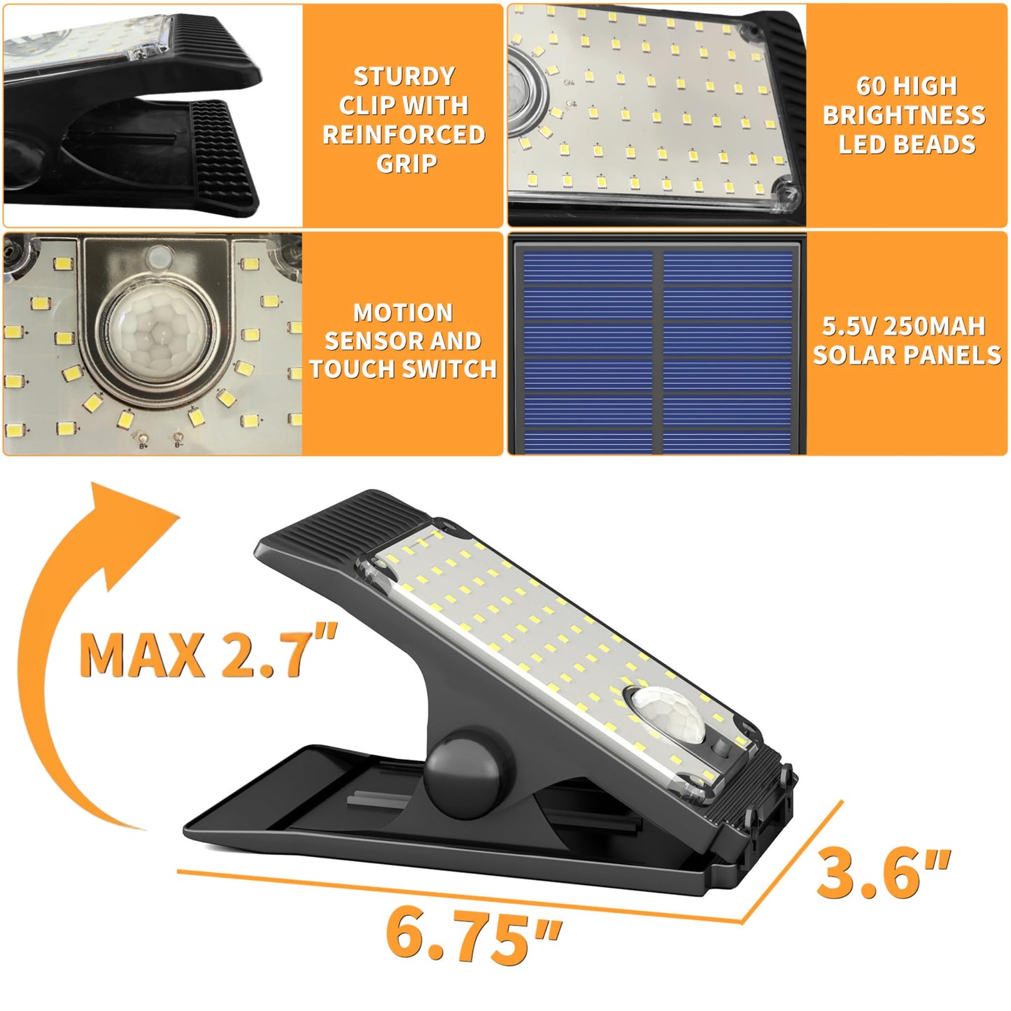 XYRIS Clip on Solar Motion Light, Grill Lighting, Outdoor Solar Camping Light