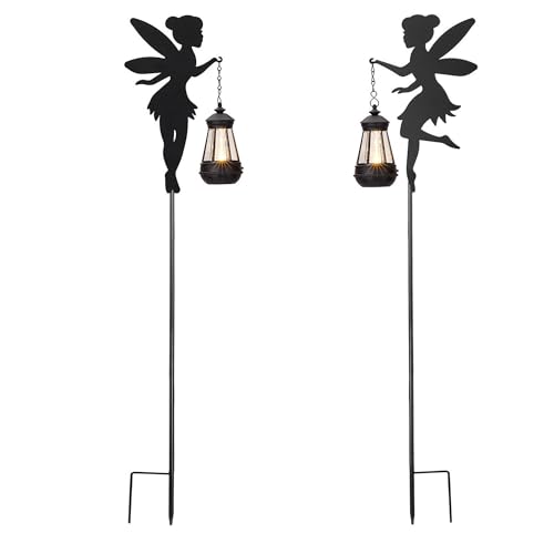 XYRIS Fairy Garden Stakes 1 Pair - Solar Garden Decorations Lawn Ornaments Garden Statue Outdoor, Metal Yard Decor Lawn Decorations Outdoor, Whimsical Decor for Patio (Warm Lighting)