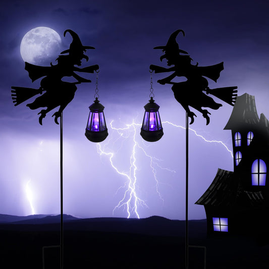 Witch Halloween Decorations Outdoor Solar Lanterns 2 Pack - Ghost Decorations Lawn Ornaments Statue Outdoor, Solar Garden Stakes, Metal Yard Decor, Whimsical Decor for Patio (Purple Light)